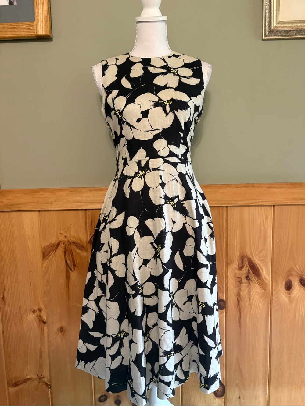 Hobbs London US 4 Black Ivory Yellow Floral Linen A-Line Lined Dress